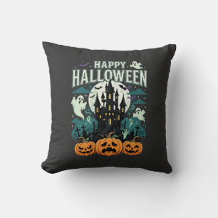 Coussin Joyeux Halloween Château Hanté Fantômes et Citroui