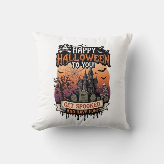 Coussin Joyeux Halloween Vous Maison Hantée Squelette Chau (Recto)