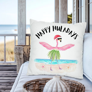 Coussin Joyeux Huladays Flamant Rose Père Noël Noël Tropic