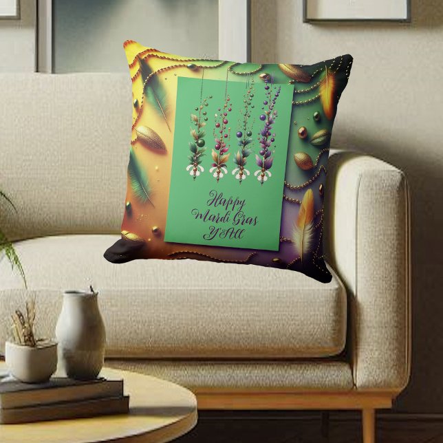 Coussin Joyeux Mardi Gras Y'All Citation Plumes perles dor (Happy Mardi Gras Y'All Quote Feather Beads Golden Throw Pillow)