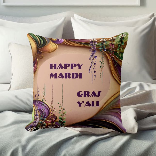 Coussin Joyeux Mardi Gras Y'All Purple Vert Couleurs Or (Happy Mardi Gras Y'All Purple Green Gold Colors Throw Pillow)