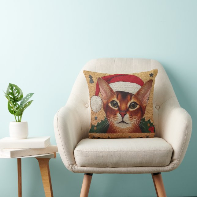Coussin Joyeux Noël Abyssinian Chat, Noël Père Noël Kitten (Chaise)