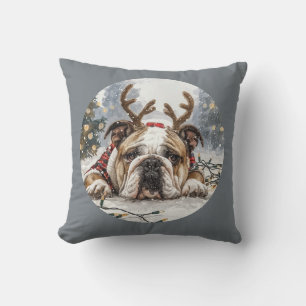 Coussin Joyeux Noël anglais Bulldog Reindeer