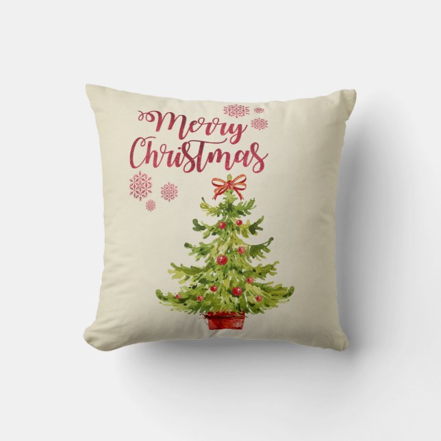 Coussin Joyeux Noël, Aquarelle Arbre de Noël (Recto)