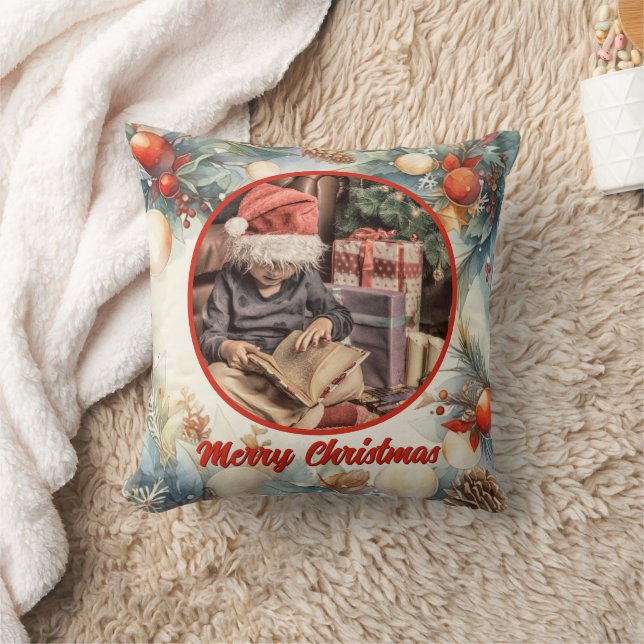 Coussin Joyeux Noël aquarelle Foliage Vert Photo (Couverture)