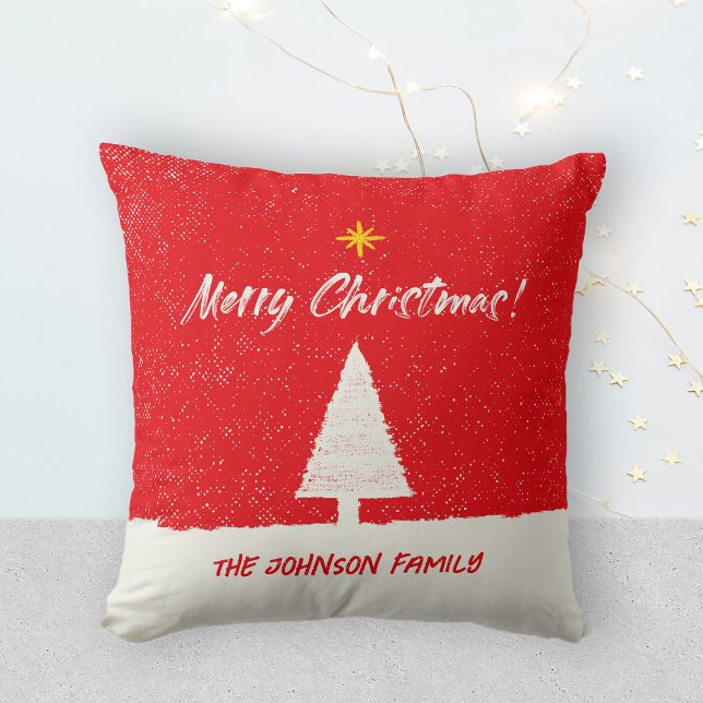Coussin Joyeux Noël Arbre étoile Rouge Blanc Bracelet Scri (Merry Christmas Tree Star Red White Brush Script Throw Pillow ©Susanne Sachers - Sunny Mind Design)