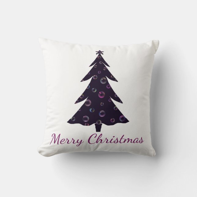 Coussin Joyeux Noël, arbre silhouette, bulles colorées (Recto)