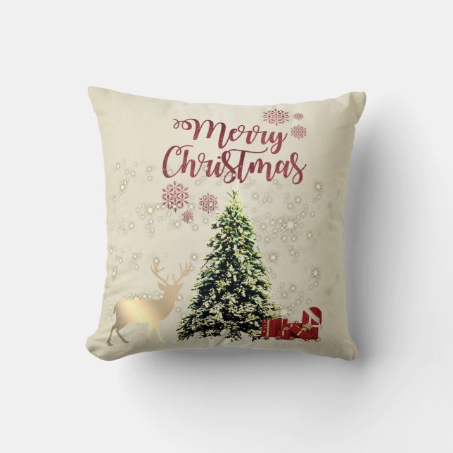 Coussin Joyeux Noël, Arbres de Noël, Présents, Rennes (Recto)