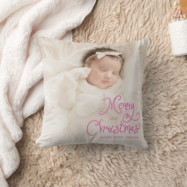 Coussin Joyeux Noël Bébé Photo Rose (Couverture)