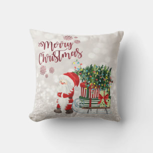 Coussin Joyeux Noël,Bokeh scintillant,Chat avec chapeau de