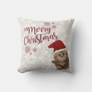 Coussin Joyeux Noël,Bokeh scintillant,Chat avec chapeau de