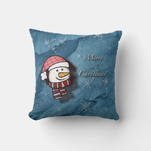 Coussin Joyeux Noël, bonhomme de neige avec des vêtements 