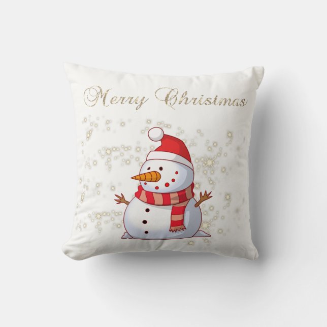 Coussin Joyeux Noël,Bonhomme de neige,Paillettes,Blanc (Recto)