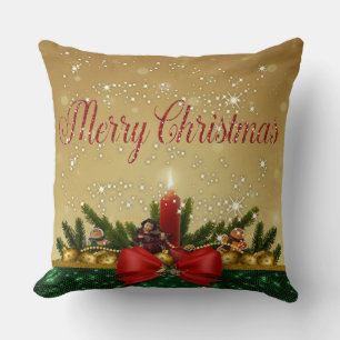 Coussin Joyeux Noël,Bougie Ruban Rouge,Branches de Sapin