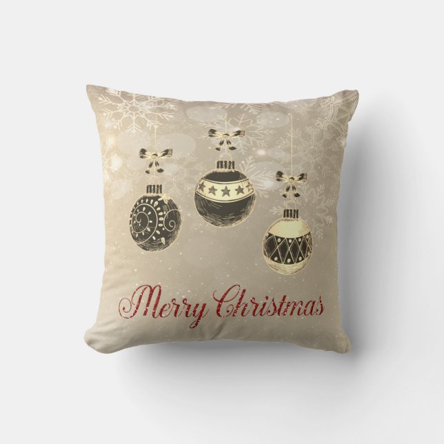 Coussin Joyeux Noël, boules de Noël, flocons de neige (Recto)