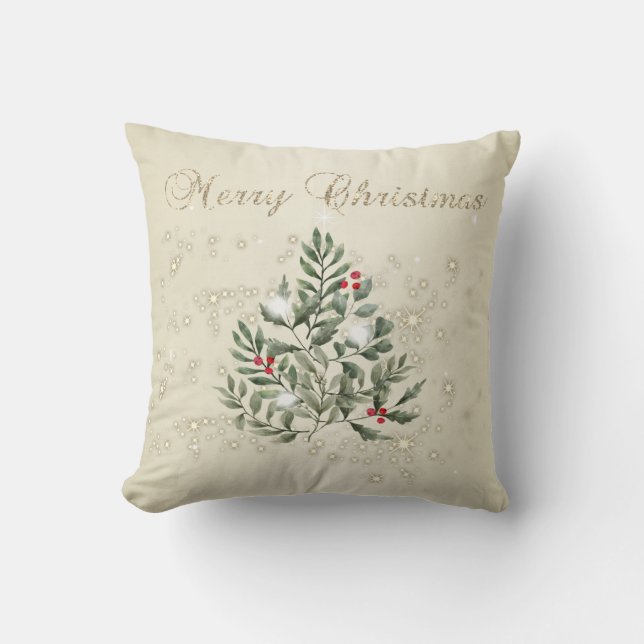 Coussin Joyeux Noël, branches de pin scintillantes (Recto)
