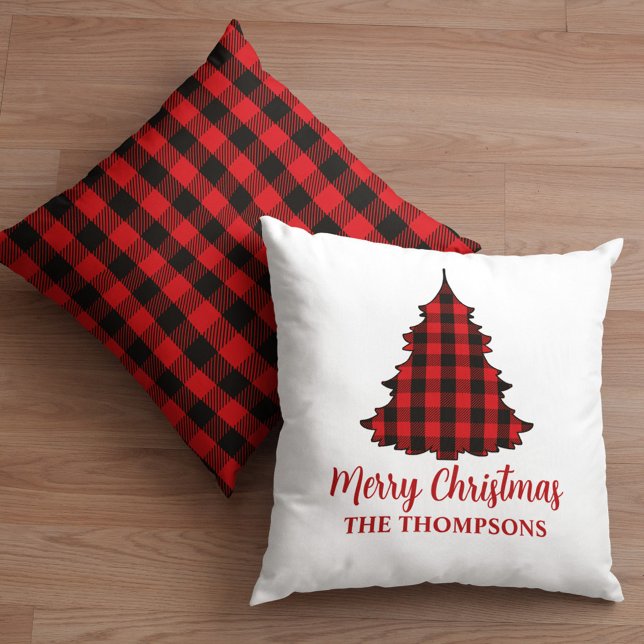 Coussin Joyeux Noël Buffalo personnalisé chèque (Merry Christmas cute calligraphy buffalo check tree pattern pillow.)