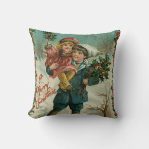 Coussin Joyeux Noël - carte postale rétro, enfants, houx