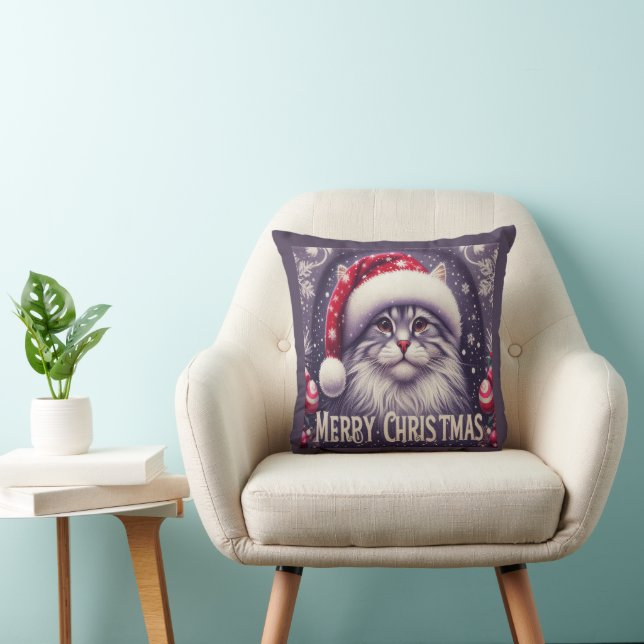 Coussin Joyeux Noël Chat Sibérien, Noël Père Noël Kitten (Chaise)
