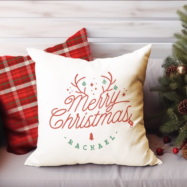 Coussin Joyeux Noël Check Plaid Reinder personnalisé (Merry Christmas Check Plaid Personalized Reindeer Throw Pillow)