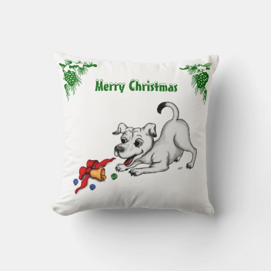 Coussin Joyeux Noël ! Chiot avec Bell et Ball (Recto)