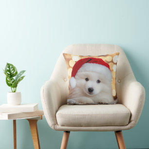 Coussin Joyeux Noël chiot Samoyède avec chapeau de Père No