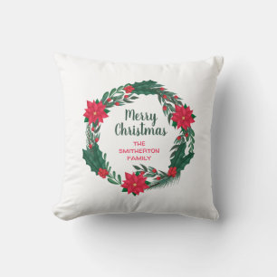 Coussin Joyeux Noël Couronne de poinsettias rouges