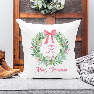 Coussin Joyeux Noël   Couronne et noeud rouge aquarelle
