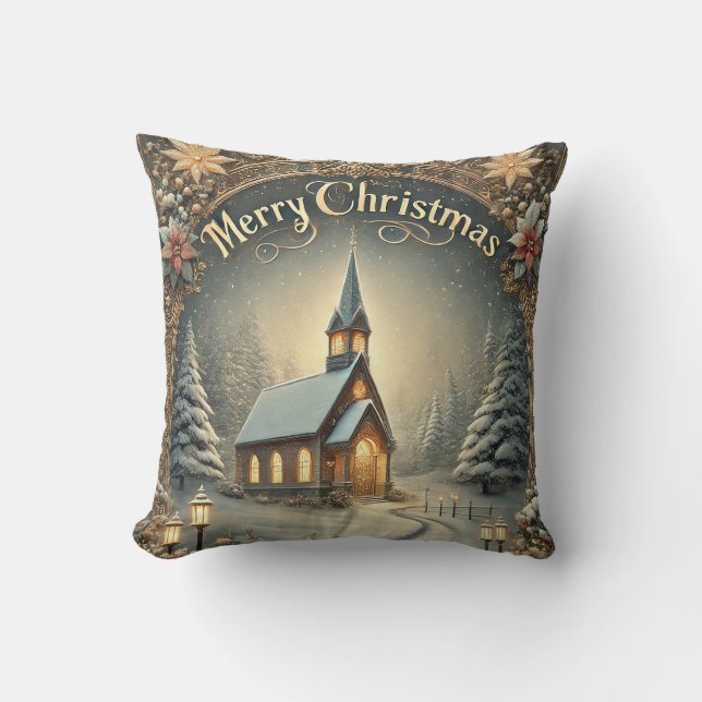 Coussin Joyeux Noël de neige déco bleu et blanc (Recto)