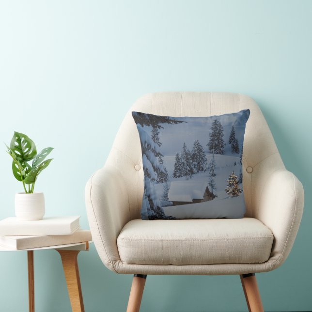 Coussin Joyeux Noël de neige déco bleu et blanc (Chaise)