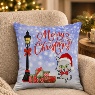 Coussin Joyeux Noël   Drôle de chat dans un chapeau de Pèr