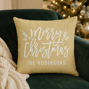 Coussin Joyeux Noël Écriture Famille Nom Tan Or