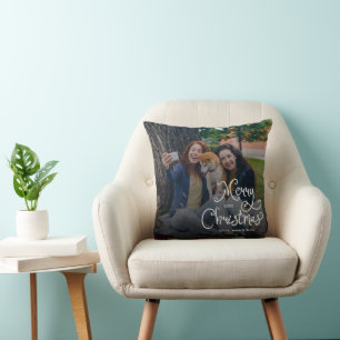 Coussin Joyeux Noël Écriture Fantaisiste Photo de Famille 