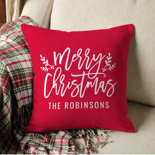 Coussin Joyeux Noël Écriture Nom de Famille Rouge