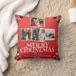 Coussin Joyeux Noël élégant rouge Collage de photos de fa