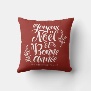 Coussin Joyeux Noël et Bonne Année Script moderne Rouge