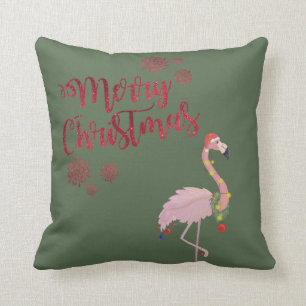 Coussin Joyeux Noël, Flamant Rose avec Chapeau de Père Noë
