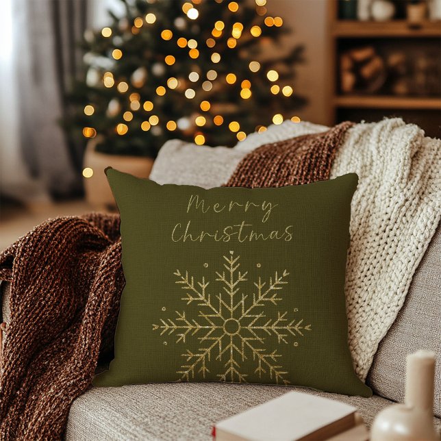 Coussin Joyeux Noël / Gold Sage Green (Merry Christmas / Gold Snowflake Sage Green Throw Pillow)