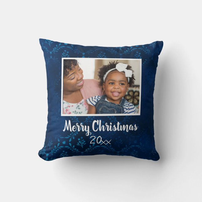 Coussin Joyeux Noël Marine Blue Photo Année (Recto)