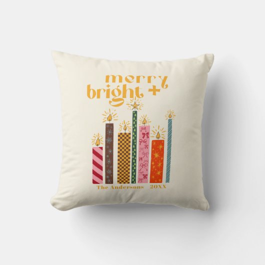Coussin Joyeux Noël Merry + Bright illustré à la main (Recto)
