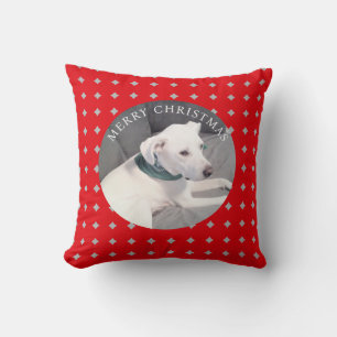 Coussin Joyeux Noël mignon chien blanc rond photo rouge