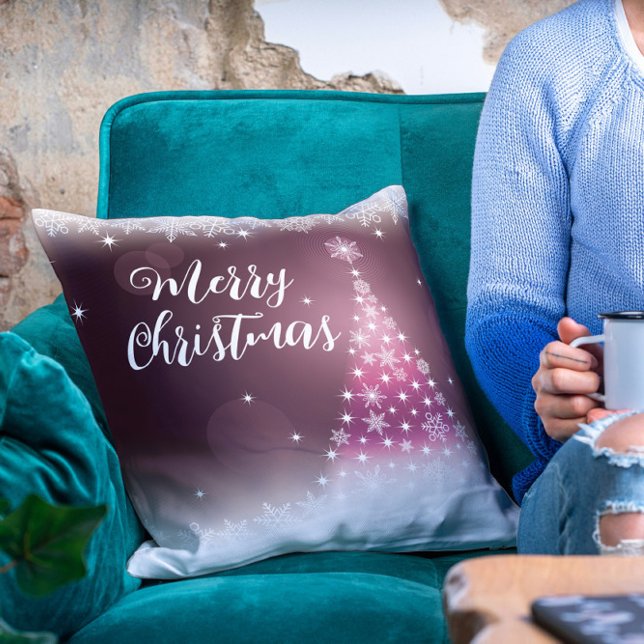 Coussin Joyeux Noël moderne Snowflake Tree Script (Créateur téléchargé)