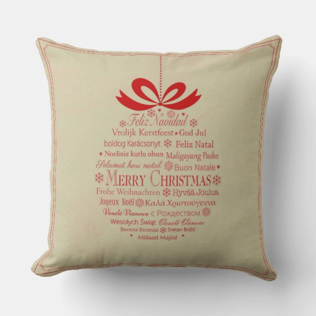 Coussin Joyeux Noël Multilingue Beige Et Rouge (Recto)