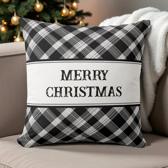 Coussin Joyeux Noël Noir et Blanc Plaid Moderne Noël (Merry Christmas Black and White Plaid Modern Xmas Throw Pillow)