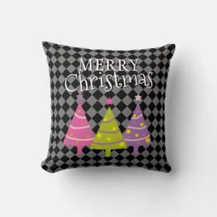 Coussin Joyeux Noël noir moderne Arbres roses