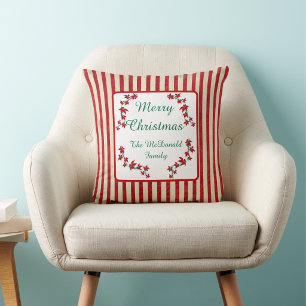 Coussin Joyeux Noël nom personnalisé floral rouge