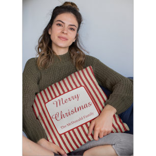 Coussin Joyeux Noël nom personnalisé rayures rouges