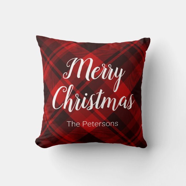 Coussin Joyeux Noël Nom personnalisé Rouge Noir Plaid (Recto)
