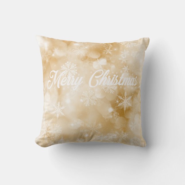 Coussin Joyeux Noël or et blanc Flocon de neige (Recto)