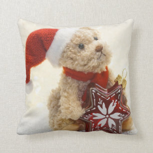 Coussin Joyeux Noël, Ours Teddy Avec Chapeau De Père Noël